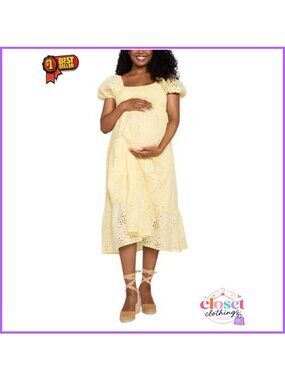 Maternity Square Neck Puff Sleeve Smocked Midi Pregnancy Dress